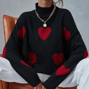 Black Casual Women's Heart Pattern Mock Neck Drop Shoulder Sweater
